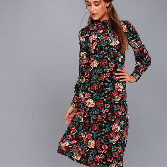 Lulus Dresses & Skirts - Lulu's Black Floral Print Long Sleeve Midi Dress